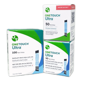 OneTouch Ultra test strips boxes, 25ct, 50ct, and 100ct
