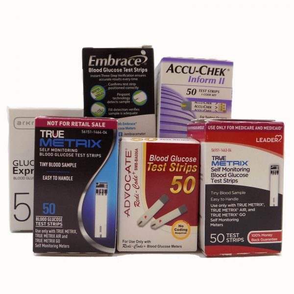 Embrace, True Metrix, Advocate, and Accu-Chek Inform II diabetic test strip boxes
