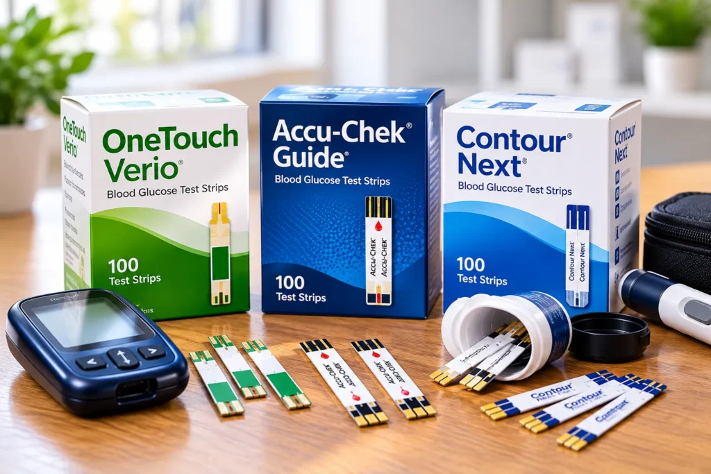 Name-brand test strips including OneTouch Verio, Accu-Chek Guide, and Contour Next