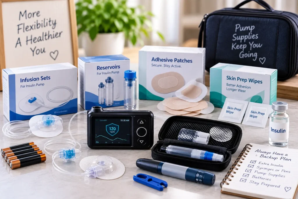 Insulin pump supplies including infusion sets, reservoirs, batteries, and adhesive patches