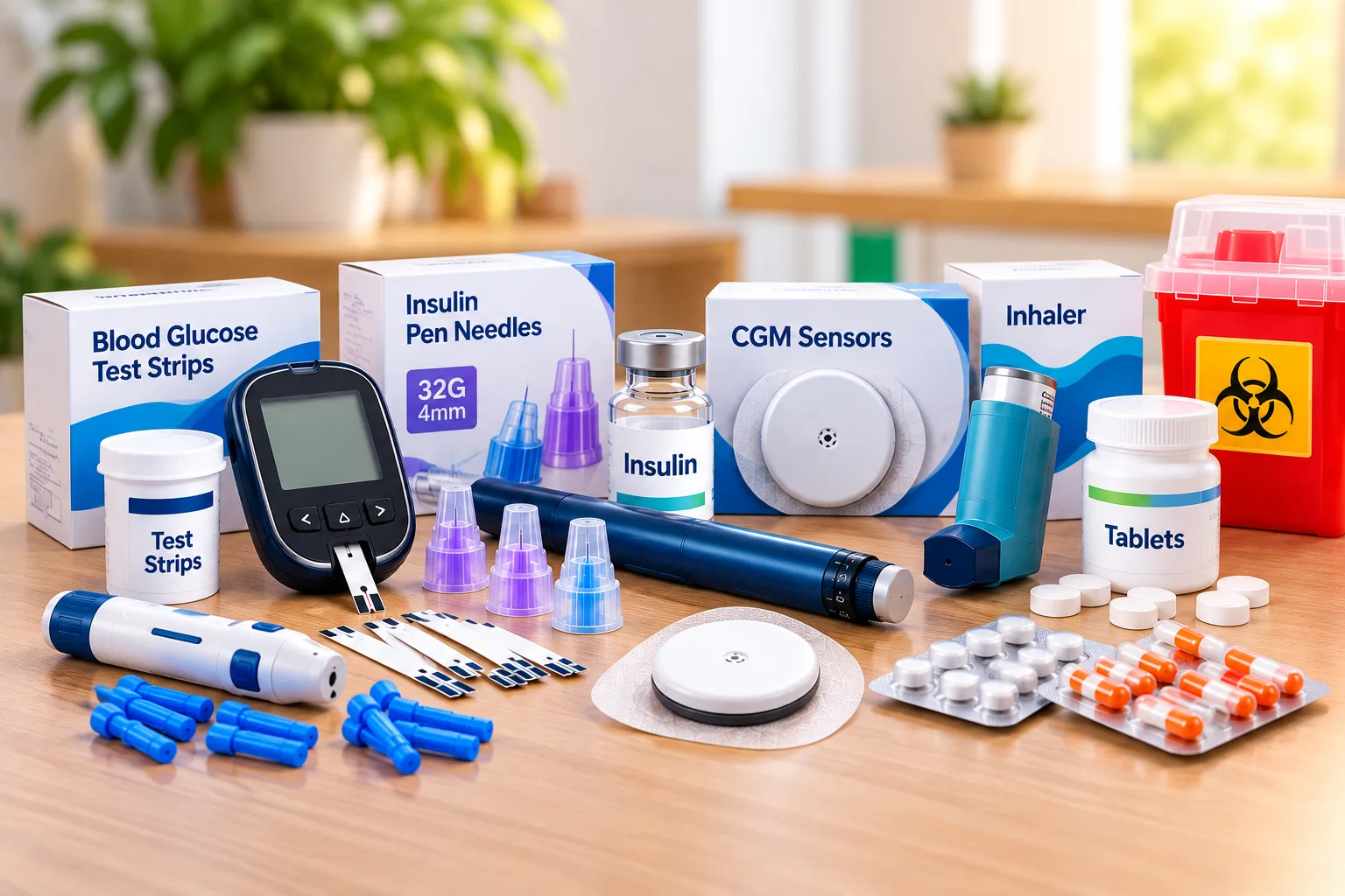 Diabetes and medical supplies including test strips, insulin, CGM sensors, inhalers, tablets, lancets, and pen needles