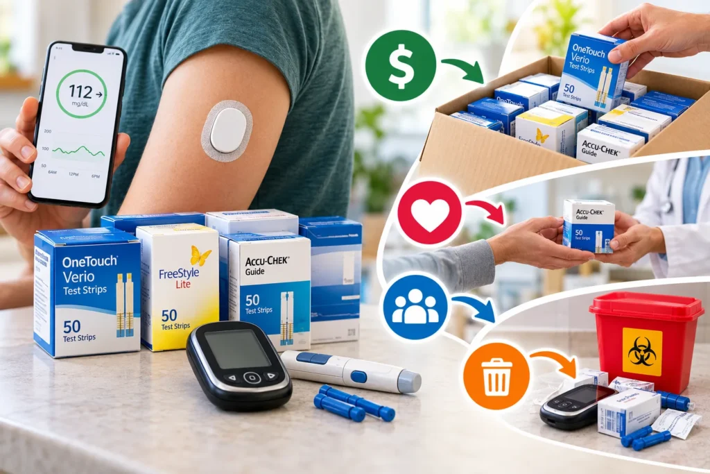 Unused diabetic test strips, glucose meter, and CGM sensor with options to sell or donate extra supplies. Unused Test Strips