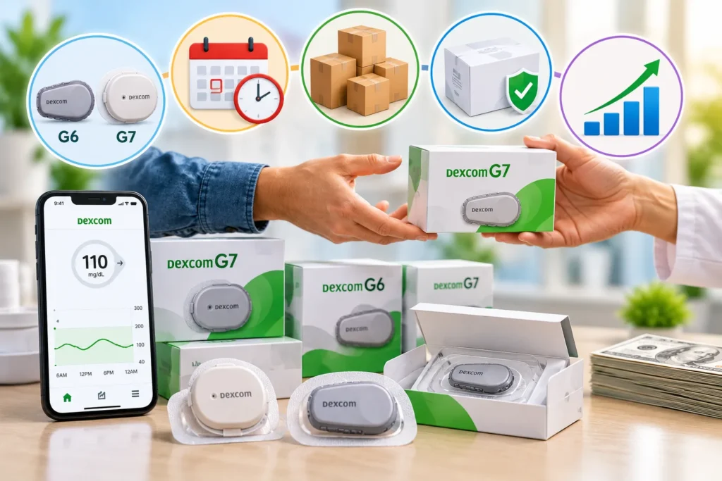 FreeStyle Libre 2 and Libre 3 glucose monitoring sensors with product boxes and smartphone showing glucose readings FreeStyle Libre Sensors