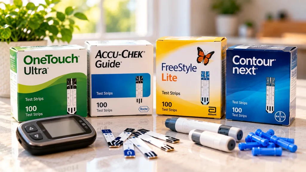 Diabetic test strip brands including OneTouch Ultra, Accu-Chek Guide, FreeStyle Lite, and Contour Next Diabetic Test Strips Pay the Most