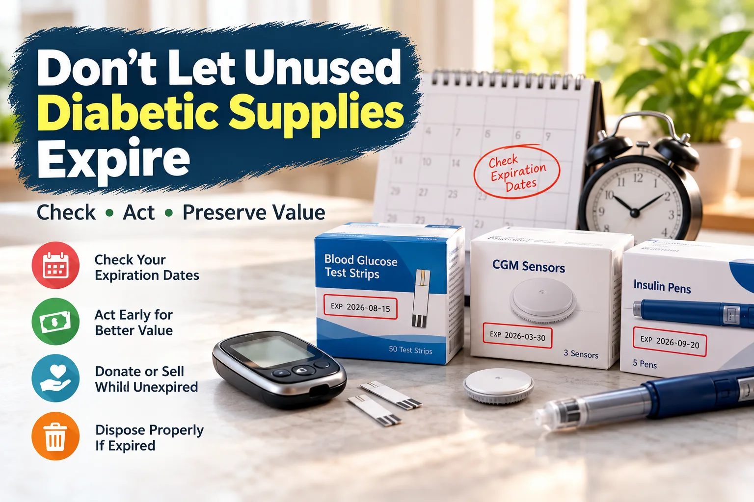 Unused diabetic supplies including glucose test strips, CGM sensors, and insulin pens with expiration dates