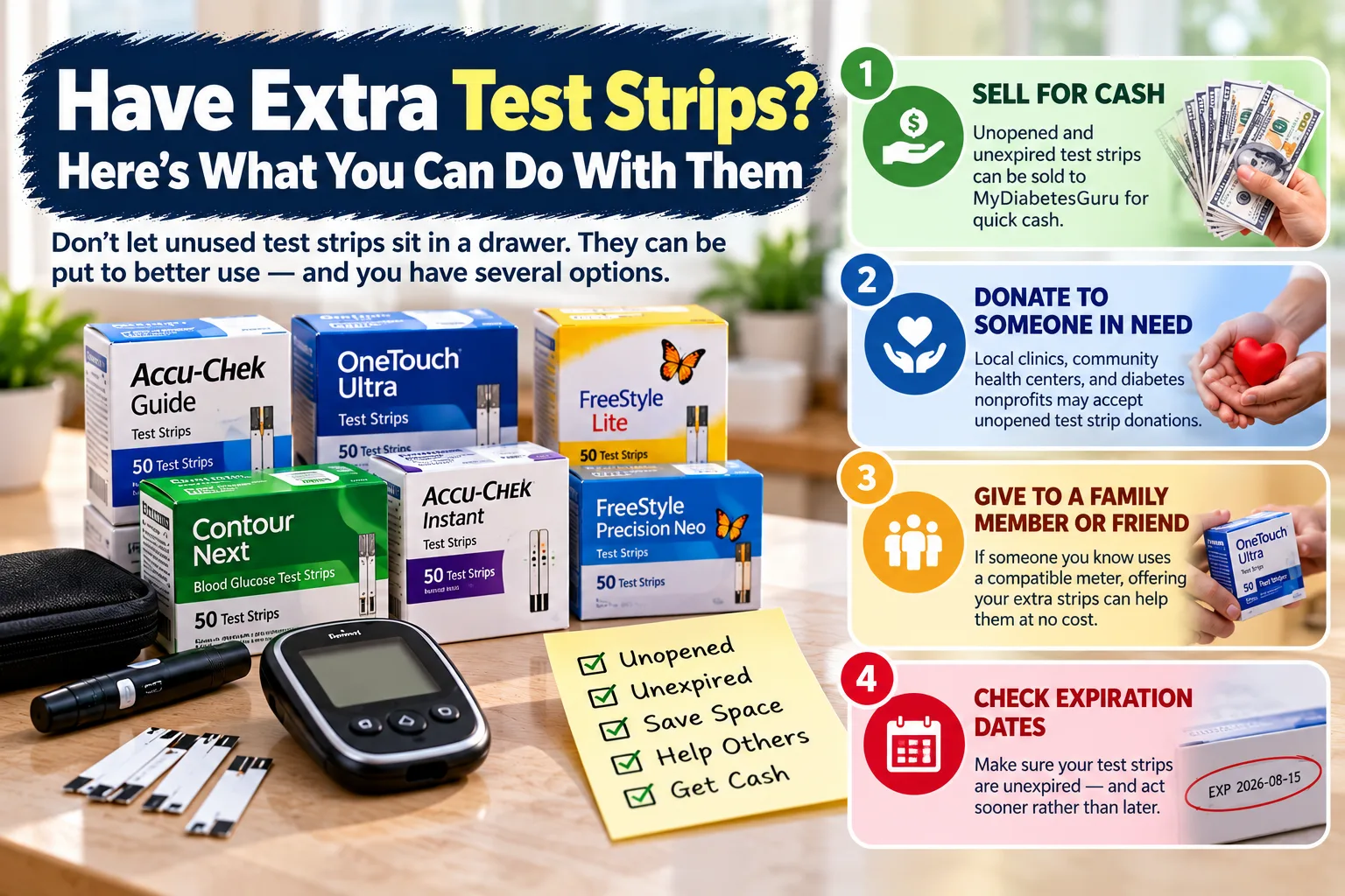 Extra diabetic test strips and glucose meter with options to sell, donate, or share unused test strips.