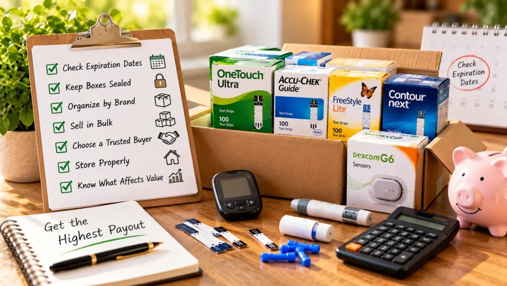Tips for getting the highest payout for diabetic supplies, including checking expiration dates, keeping boxes sealed, organizing brands, and selling in bulk.