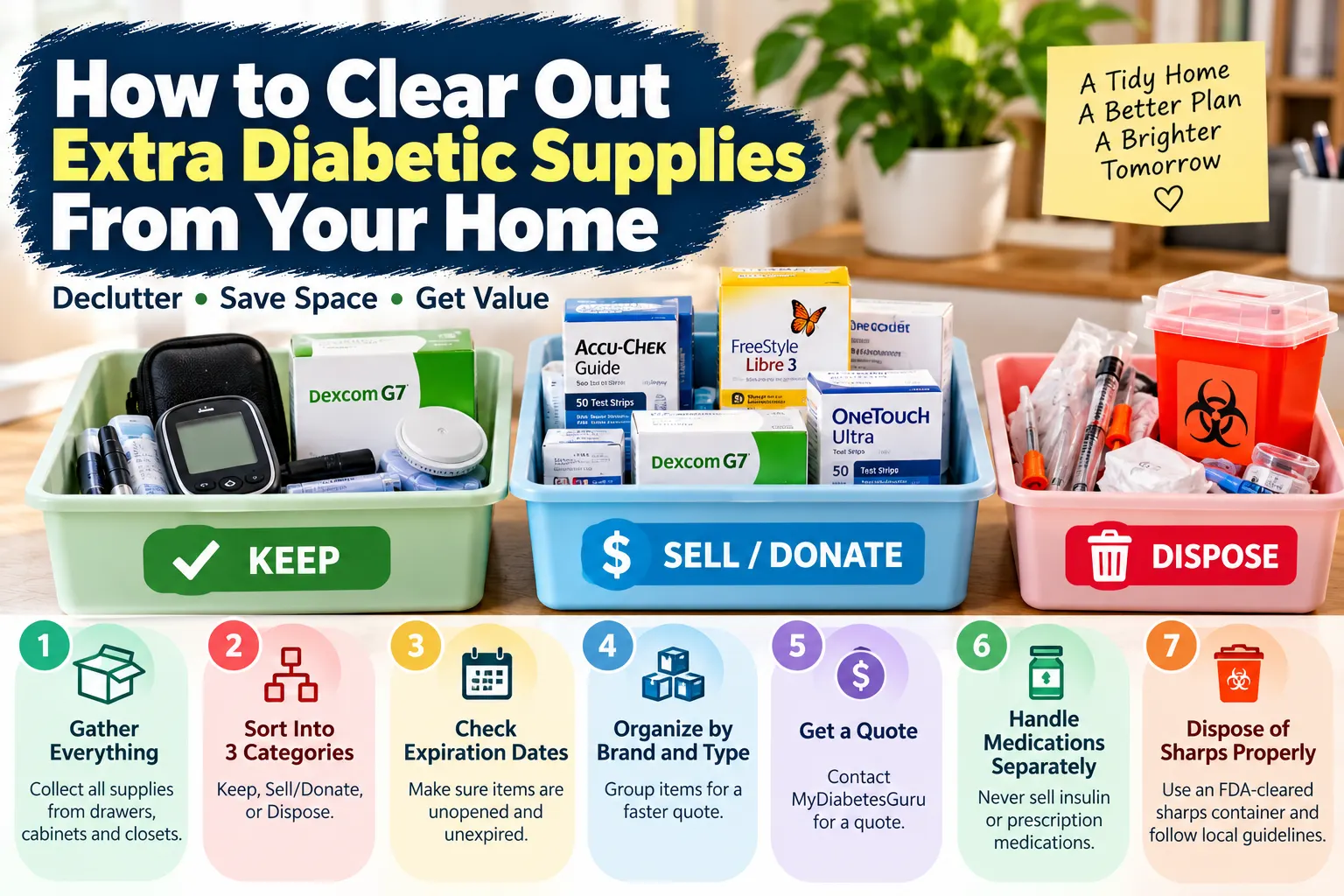 How to organize extra diabetic supplies into keep, sell or donate, and dispose categories.
