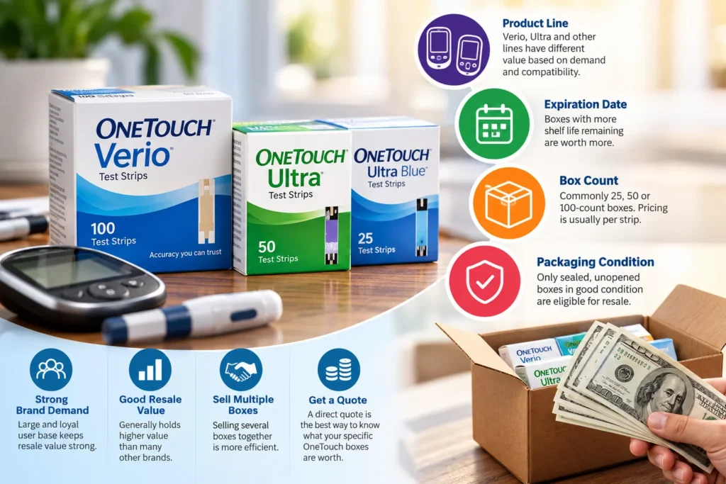 OneTouch Verio and Ultra glucose test strip boxes showing factors that affect diabetic test strip resale value.