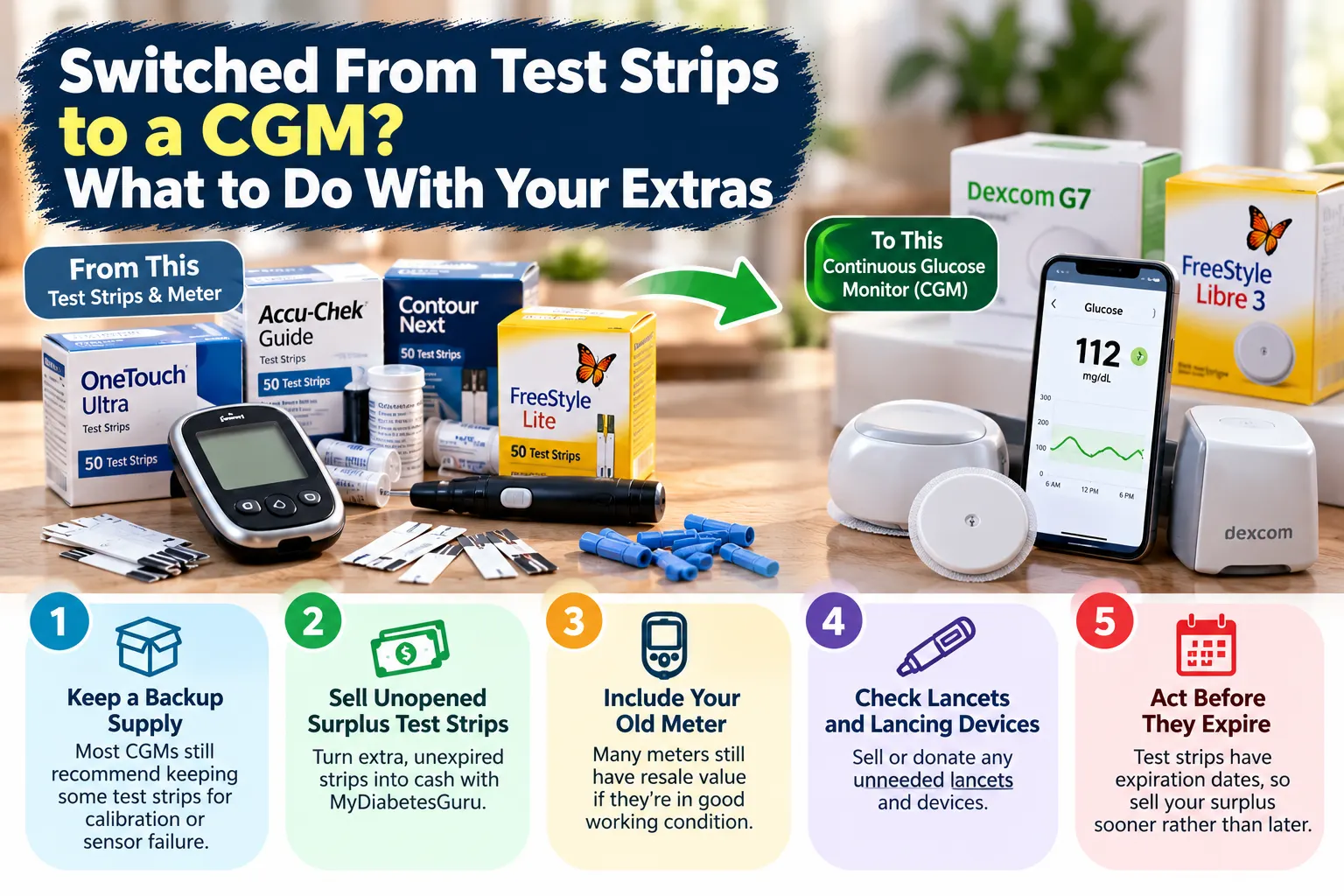 Extra diabetic test strips and glucose meter after switching to a continuous glucose monitor (CGM).