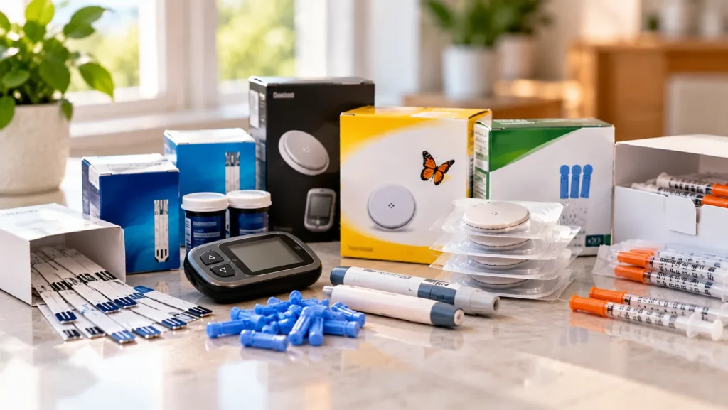 Unused diabetic supplies including glucose meter, test strips, CGM sensors, lancets, and syringes