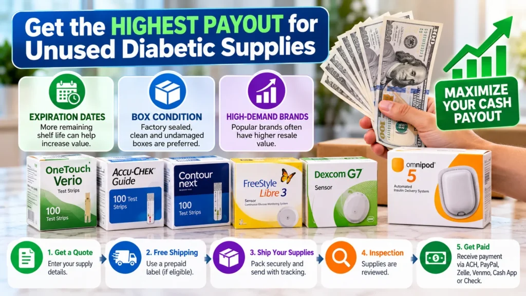 Highest payout for diabetic supplies based on expiration date and box condition